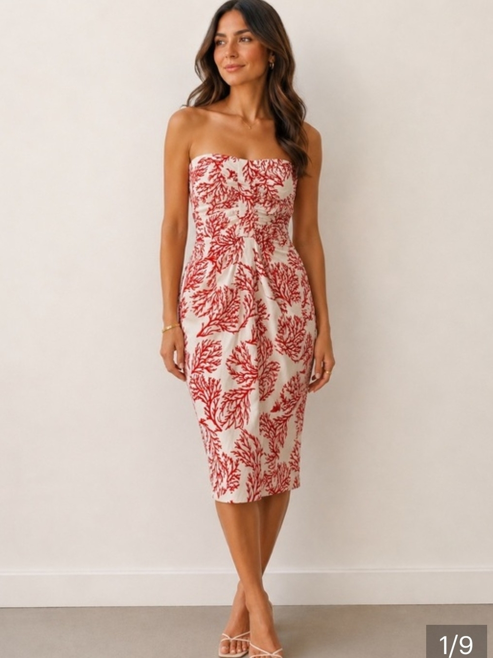 David Meister Strapless Cream Dress with Red Coral Motif